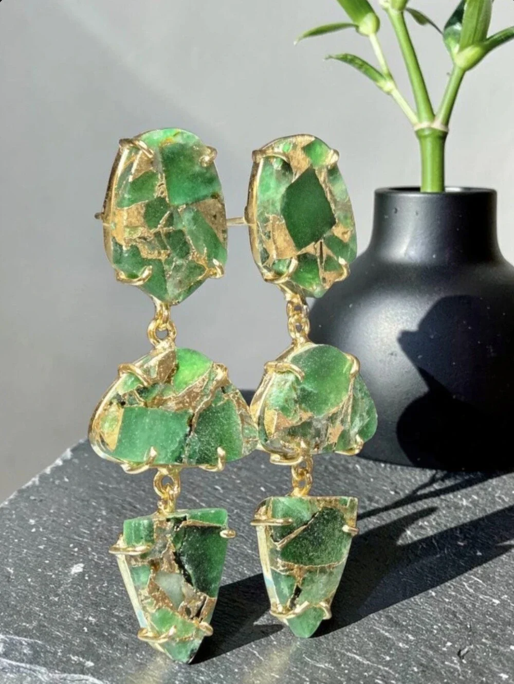 18k Gold Plated Artisan Genuine Mohave Green Turquoise Geometric Dangle Earrings